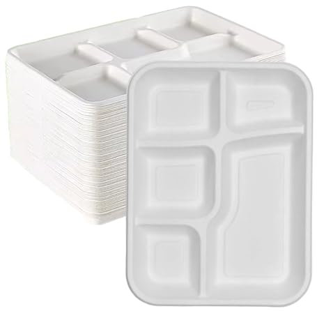CHEF ROYALE 5 Compartment Disposable Bagasse Sugarcane Plates, 5CP Large White Bagasse Plates for Everyday Use, Food Tray Eco-Friendly, Biodegradable and Compostable, Ideal for Picnics (50PCS,White)