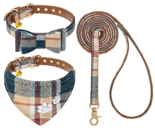 EXPAWLORER Hundehalsband und Leine: Klassisches Kariertes Hundehalsband mit Fliege und Pfotenabdruck, Hundehalsband mit niedlicher Glocke, kein Verheddern, verstellbare Halsbänder für Welpen, kleine