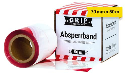 GRIP Eventbasics Absperrband reißfest, rot-weiß gestreift, 50 m x 70 mm, PE Absperrband im Abrollkarton, Flatterband nicht klebend, rot-weiß