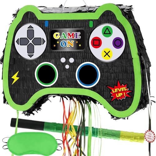 WERNNSAI Videospiel Pinata – Geburtstags Piñata für Junge Kinder Faltbare Gamecontroller Piñata mit Kordelzug Augenmaske und Stab Kinderspiele Geburtstagsparty Dekorationen Zubehör Grün