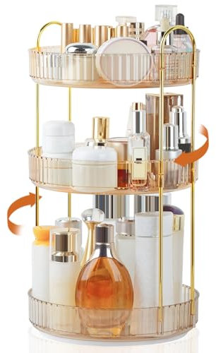 Boxalls Organizer Trucchi Girevole, Porta Trucchi Organizzatore 360° Grande Capacità, Organizer Trucco Bagno, Contenitore Contenitori Trucchi da Tavolo Espositore Creme (3 Ripiani, Ambra)