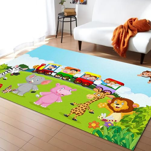Kinderteppich, 3D-Druck, Waldtiere Giraffe Elefant Pudel, Kinderspielteppich, Kinderzimmer, Weicher Und Dicker Flanell Wohnzimmer Schlafzimmer 180 X 280 cm / 70,86 X 110,23 Zoll ， Schmutzabw -9C1T4G5