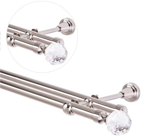 Gardinenstange 480 cm für Wandmontage, Vorhangstange 19 mm 2-läufig Edelstahloptik, Gardinenstangenset mit Kugel Kristall