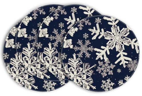 Artoid Mode Dunkel Blau Schneeflocken Weihnachten Runde Platzsets 4er Set, 37cm Winter Xmas Tischset Platzdeckchen Küche Party Deko