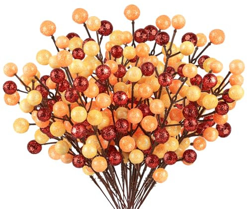 24Pack Glitter Gelb Orange Rot Beeren Stiele, Künstliche Holly Beeren Zweige Deko Weihnachten für Christbaumschmuck Weihnachtsdeko Adventskranz Deko Weihnachtsgirlande Türkranz Weihnachten Ornamente