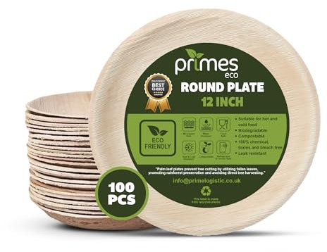 PRIMES ECO 12 INCH Round Palm Leaf Plates 100 PCS Large Disposable Plates Set Eco-Friendly, Biodegradable & Compostable Party Plates, Microwave & Freezer Safe Dinner Plates for Weddings, BBQ, Picnic