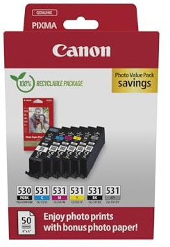 Canon PGI-530 / CLI-531 Original-Tintenpatronen, 6er-Pack (2 x Schwarz, Cyan, Magenta, Gelb, Grau), inklusive 50 Blatt 4x6-Fotopapier - Kompatibel mit PIXMA TS8750 / TS8751