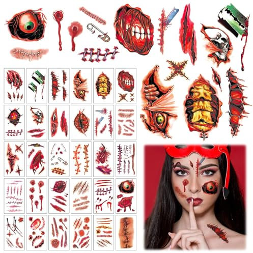30 Sheets Halloween Scar Tattoos - Temporary Zombie Stickers With Fake Scab Blood - Face Stickers for Costume Makeup, Party Decoration, and Cosplay