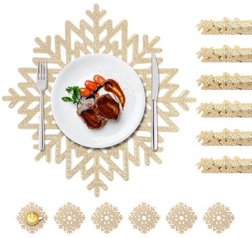 Schneeflocken Platzset Rund, 12er Set Tischläufer platzset Gold, hitzebeständig, rutschfest, 6X 38cm Tischuntersetzer+6X 10cm Glas Untersetzer