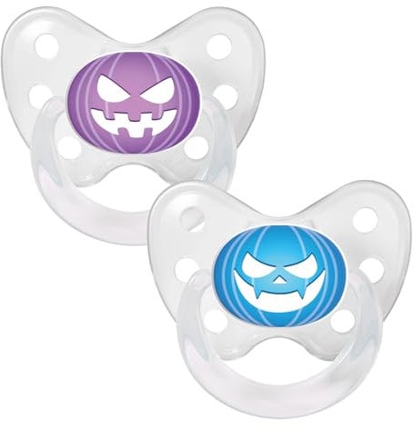 dentistar Set di 2 Ciucci in Silicone - Taglia 3, da 14 mesi - Ciuccio adatto ai denti e alla mascella con gradino dentale - Senza BPA - Halloween Zucca Viola & Blu
