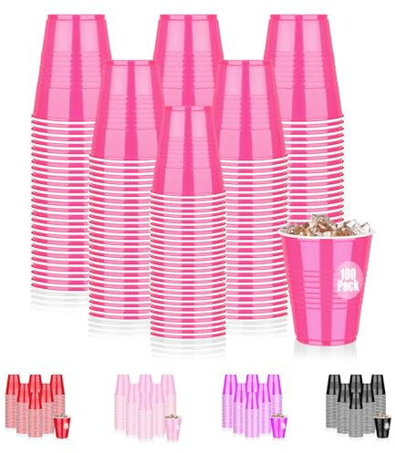 Dualshine 100 Pack Hot Pink Plastic Cups 12 oz, Disposable Cups for Party, Heavy Duty Drinking Cups, Shot Cups for Wedding Birthday, Valentine's Day Beer Taste Serving Snack Sample Tastings Barbecues