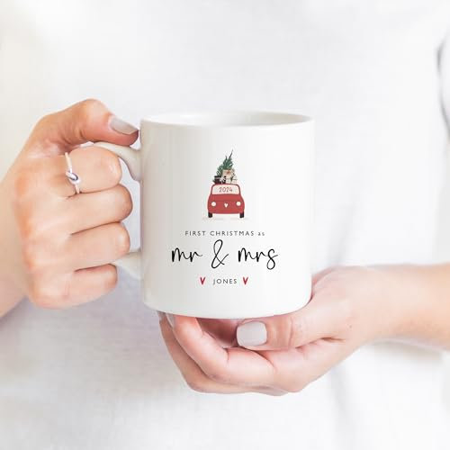 Personalised First Christmas as Mr Mrs last name mug Red truck Gift for wife husband him her Newlywed couple Our 1st Xmas married present