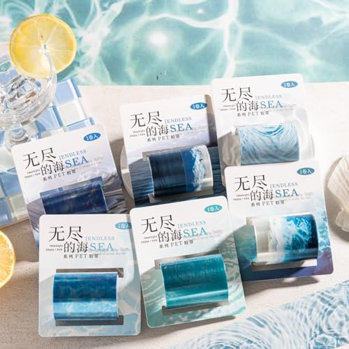 Washi Tape Stickers Set,Bullet Journal Zubehör Stickers, Arpaper 6 Rolls PET Sea Aesthetic Scrapbooking Stickers,Decorative for Journal Zubehör,Travel Diary,Notebook,Photo Album(Endless Sea Series)