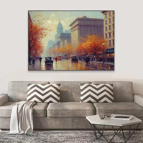 XINBAO Herbststadt-Fluss, farbenfrohe Ölgemälde-Drucke, Herbst-Poster, Vintage-Herbst-Stadtstraße, Leinwandkunst, Wandbild für Schlafzimmer, 80 x 120 cm, rahmenlos