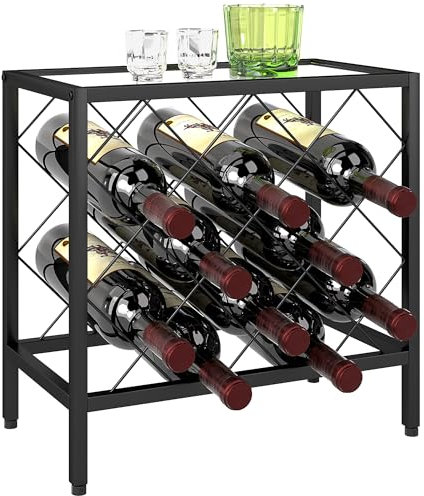 HOMCOM Botellero Vino para 10 Botellas Botellero con Encimera de Vidrio Templado y Marco de Acero para Salón Comedor 41x22x41 cm Negro