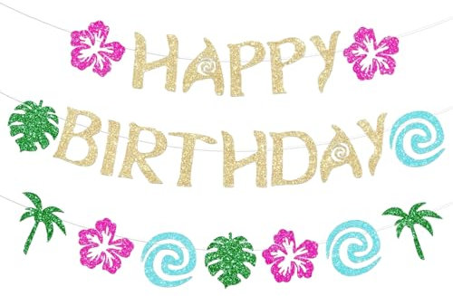 2 Stück Hawaiianisches Moana-Geburtstagsbanner, Party-Dekoration, glitzerndes Gold für Happy Birthday, tropisches Luau-Party-Zubehör, Sommer-Strandurlaub, Geburtstagsparty-Dekor