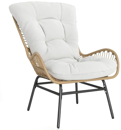 LIFEZEAL Rattansessel, Korbsessel Gartenstuhl mit gepolstertem Kissen & Armlehnen, Relaxsessel mit Metallbeinen, Esszimmerstuhl Sessel Outdoor & Indoor für Terrasse, Balkon, Garten