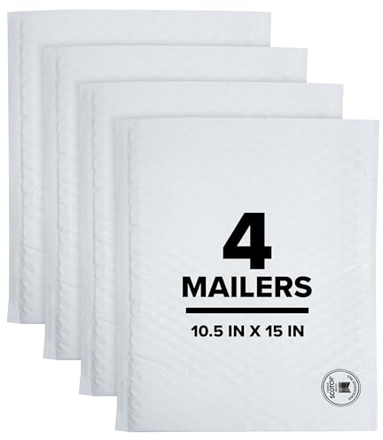 Scotch Poly Bubble Mailer, White, Large, Size 5, Inside Dimensions 10.5 IN x 15 IN, made with 50% recycled plastic