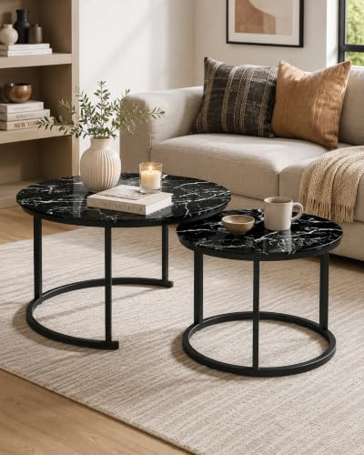 Nesting Lot de 2 tables basses rondes en verre noir marbré 70 + 50 cm | Table gigogne avec cadre noir – Table de salon moderne et table basse utilisable dans les bureaux et les salons
