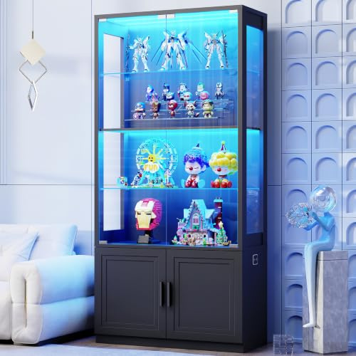 BROTTAR 170 cm Vitrine mit Glastüren, 4-stöckige Vitrine mit 2 herausnehmbaren Glasböden, Vitrine für Sammlerstücke, schwarz