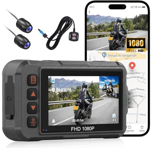 CAMECHO Motorcycle Dash Cam Front and Rear, 3.0 IP67 Waterproof Screen Motorbike Camera, Dual 1080P 120°+90° Wide Angle, GPS, Wired Remote Control, Loop Recording, Parking Mode, Supports 64GB Max