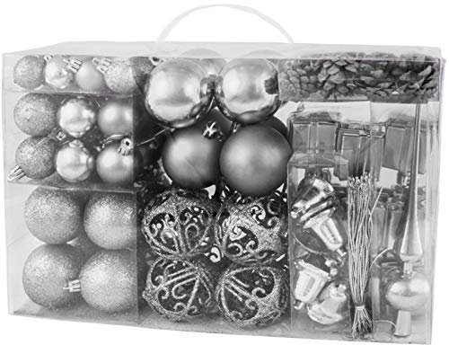 BRUBAKER 101-teiliges Set Weihnachtskugeln mit Baumspitze Silber Christbaumschmuck