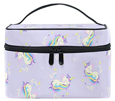 Makeup Bag, Unicorn Pattern Printed Cosmetic Toiletry Storage Large Travel Handle Personalised Pouch with Compartments for Teenage Girl Women Lady Violet