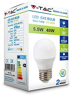V-TAC 5.5W Energy Saving G45 Golf Light Bulb 40W Equivalent LED E27 ES (Edison Screw) 6400K White Colour Non Dimmable