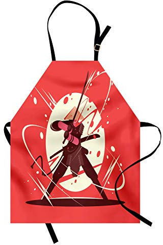 ABAKUHAUS Samurai Kochschürze, Orientalische Figur mit kreisförmigen Motiv Hintergrund traditionellen japanischen, Höhenverstellbar Klare Farben ohne verblassen, Dunkle Koralle