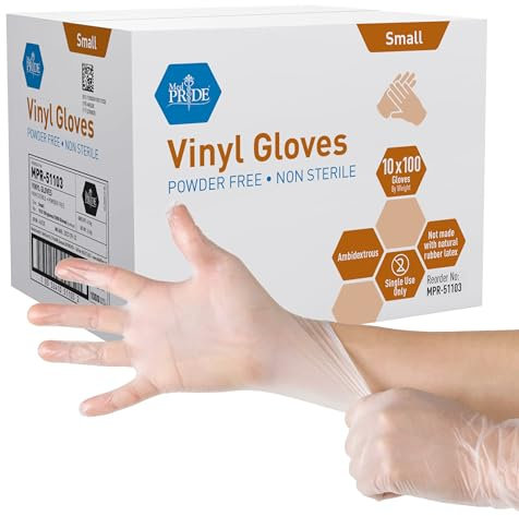 MED PRIDE Vinyl Gloves| 4.3 mil Thick, Powder-Free, Non-Sterile, Heavy Duty Disposable Gloves| Professional Grade for Healthcare, Medical, Food Handling Clear Small