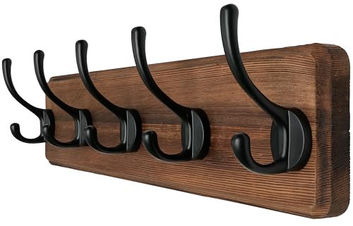 Dseap Coat Rack Wall: Patented, Heavy-Duty, 5-Double-Hooks Wooden Wall Mounted Coat Rack Coat Hanger Hook Rail for Winter Coats Hat Jacket Clothing, Natural & Black
