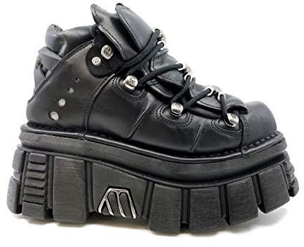 New Rock M.106-C45 Stivaletti Unisex in Pelle Nera METALLIC, Tacco 8 cm, Zeppa 6 cm, Stile Gotico Punk Rock con Lacci e Dettagli Metallici, Suola PU Ultra Resistente 37