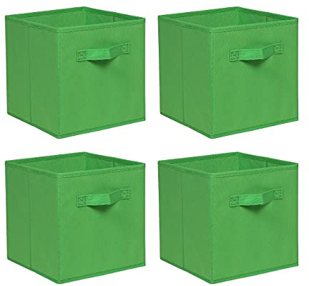Sanery Foldable Storage Boxes Set of 4 Large Cubes with Handle Collapsible Organizer Fabric Baskets for Toys, Clothes, Books, Food and Bedding (Green, set of 4)