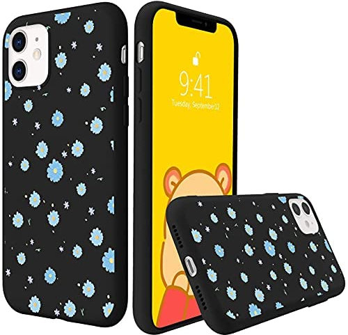 LuGeKe Cute Daisy Case for iPhone 11 Pro, Black Soft Slim Floral Flowers Pattern Design Liquid Silicone Phone Case, Mikrofiber Lining Case Gel Rubber Smooth Daisies Full Protective Cover
