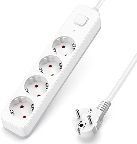 Aigostar Regleta Enchufes, Alargador Enchufe de 4 Enchufes con Interruptor, Cable de 1,5 Metros, Blanco