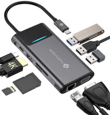 NOVOO HUB USB C 9 en 1, Adaptador USB C con RJ45 Gigabit Ethernet, 4K HDMI, VGA, 100W PD, Lector de Tarjetas SD/TF, 3 Puertos USB 3.0, Docking Station USB C para MacBook Air/Pro, Chromeboo etc