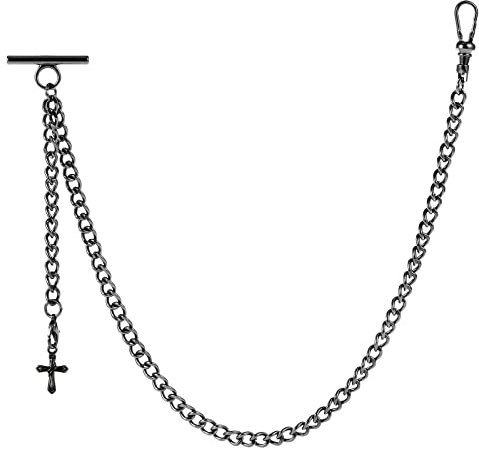 ZTA Herren Albert Kette Schwarz Taschenuhr Kette Weste Kette für Männer FOB T BAR mit Kreuz Design Anhänger FOB Charme