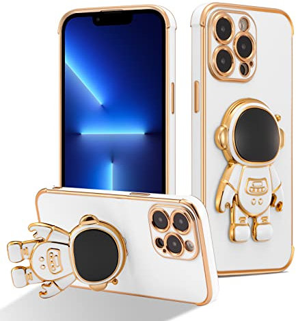 RALEAVO Compatible with iPhone 13 Pro Max (6.7) Case with Cute Astronaut Kickstand Design Shockproof Plating Phone Case for iPhone 13 Pro Max-White