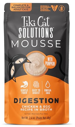 Tiki Cat Solutions Digestion Mousse, Chicken & Egg Recipe in Broth, Formulated to Support Healthy Digestion, Functional Wet Cat Food, 2.4 oz. Pouch (12 Count)