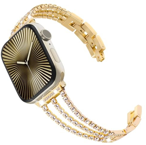 WINGLE Stainless Steel Strap for Apple Watch - Bling Link Bracelet Replacement Band, Women's, Gold, Compatible with Series 10/9/8/7/6/5/4/3/2/1 (42mm/41mm/40mm/38mm)