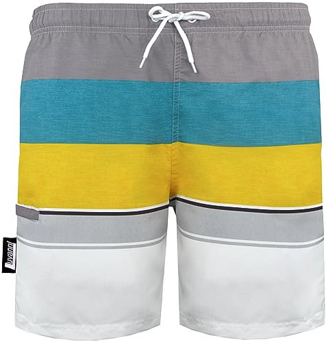 Luvanni Badehose für Herren Schnelltrocknende Badeshorts mit Kordelzug Beachshorts Widerstandsfähige Boardshorts Schwimmhose Männer Jungs Boys Gestreift blau Blau grau Streifen Gelb 3XL