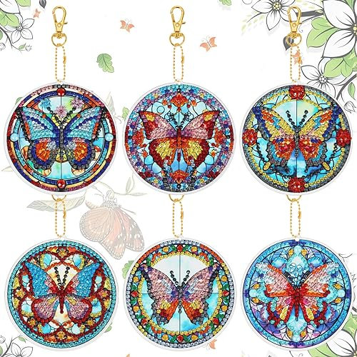 JSRQT Mariposa 5D Llaveros de Pintura Diamante de Imitación, 6 Piezas DIY Colgantes de Diamantes Bordados de Doble Cara, Llaveros Pintura Mosaico para Mujeres Hombres Bolso Monedero