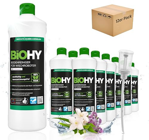 BiOHY Bodenreiniger für alle Wischroboter mit Frühlingsduft (12 x 1 Liter) + Dosierer | Schaumarm & Streifenfrei | Reinigungsmittel Konzentrat für alle Böden