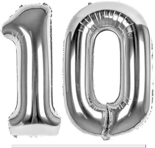 LAPONO Luftballons Geburtstag Zahl 10 Silber, XXL Folienballon Zahlen 1 und 0 Riesen Helium Ballons 10 Jahre Geburtstagsdeko für Junge, Mädchen 10. Kindergeburtstag Jubiläum Party Deko