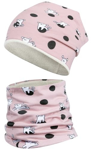 Maja Mädchen Junge Baby Wintermütze + Schlauchschal Winterset Beanie Snood gefüttert, Größe: 46-48, Farbe: Rosa Hunde