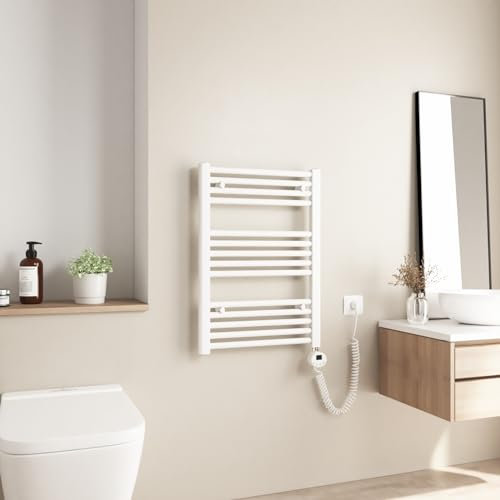 Heilmetz Scaldasalviette Elettrico Bagno 700x600mm, Termoarredo Elettrico Bagno con Temperatura Regolabile, Termostato Intelligente, Radiatore Elettrico Basso Consumo da Parete Verticale, Bianco