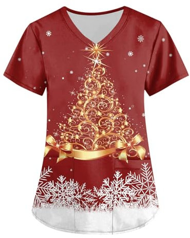 DHYUEN Krankenschwester Damen Freizeit Weihnachten Motiv Bunt Pflege Kasack Medizinischer Weihnachtsshirt Christmas Damen Pflege Damen Kordelzug Kassaks Frauen Pflege(2-Vermilion,M)