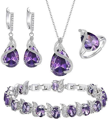 EVER FAITH 4 Stück Tropfen Cubic Zirconia Schmuck Set Glamour Anhänger Halskette Ohrringe Tennis Armband und Offener Ring für Damen Hochzeit Party Amethyst Lila Silber-Ton
