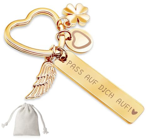 Sugeru Herz Schlüsselanhänger | schutzengel schlüsselanhänger auto personalisiert | geschenke für Führerschein Geburtstag Weihnachten Frauen Freundin Mama Tochter (Gold-Pass auf dich auf!)