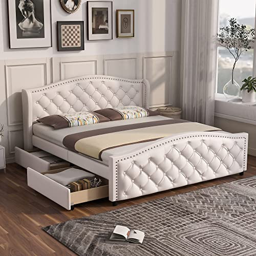Oyemige Letto imbottito letto matrimoniale 160x200 cm con 2 cassetti, letto contenitore con supporti a doghe in legno, testiera con rivetti a punto di tensione, PU, bianco, Senza Materasso